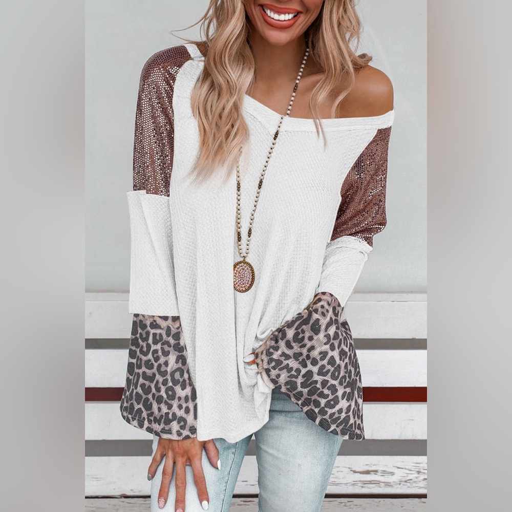 White Sequin Patchwork Bell Sleeve V Neck Tunic Top Bohemian Blouse - Picture 2 of 13